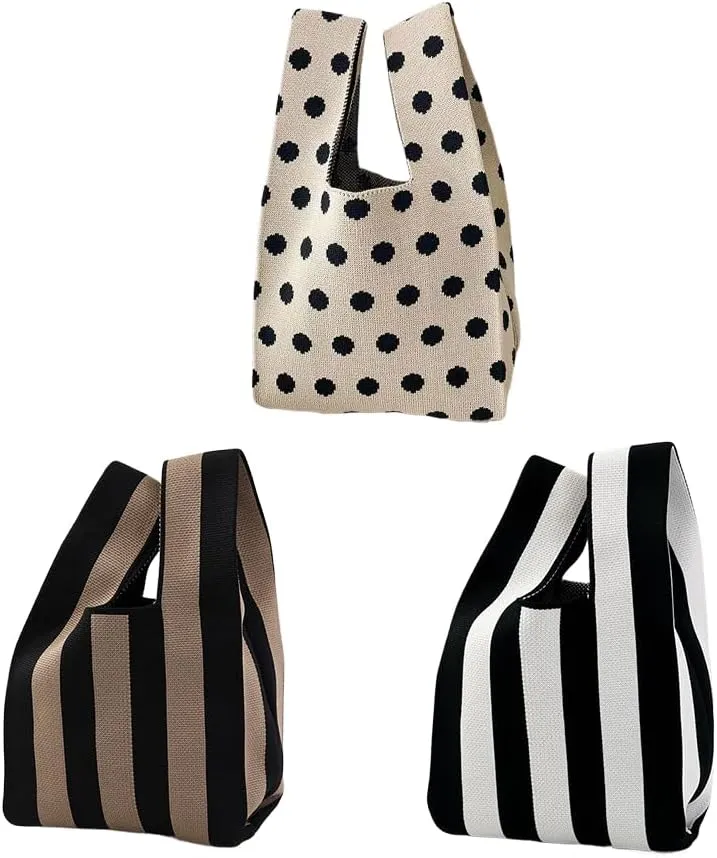 3Pcs Chic Striped Spot Knitted Handbag Multi-functional Casual Handbag Wristlet Bag Trendy Colorblock Crochet Bag Retro Crochet Bag for Women