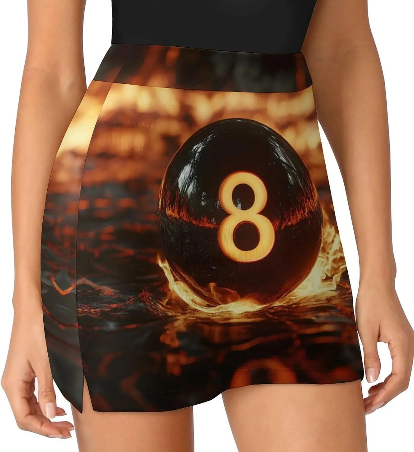8 Ball Burning on Flames Women's Mini Tennis Skirt with Shorts Underneath Athletic Workout Cute Skorts
