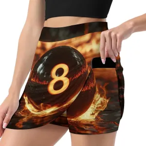 8 Ball Burning on Flames Women's Mini Tennis Skirt with Shorts Underneath Athletic Workout Cute Skorts
