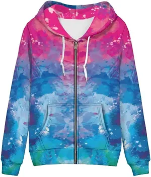 Aesthetic Galaxy Women's Zip Up Hoodie Watercolor Peony Casual Comfy Pullover Musical Note Long Sleeve Sweatshirt