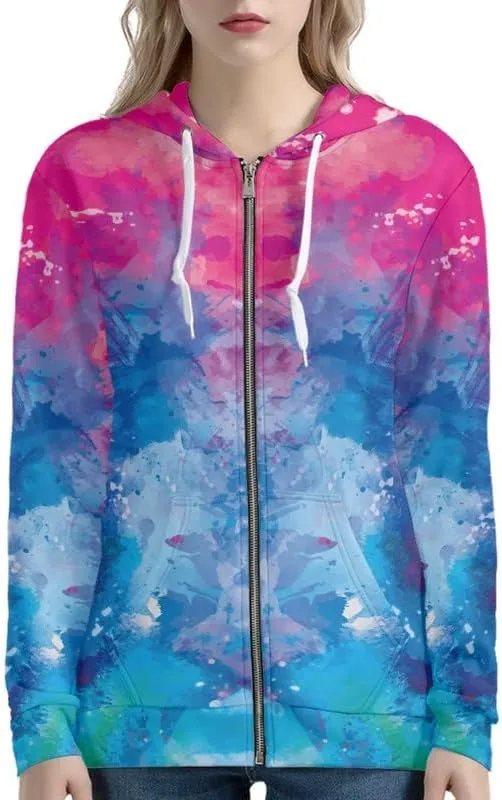 Aesthetic Galaxy Women's Zip Up Hoodie Watercolor Peony Casual Comfy Pullover Musical Note Long Sleeve Sweatshirt