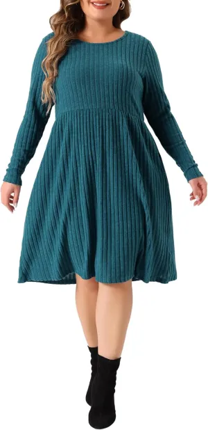 Agnes Orinda Plus Size Dresses for Women Round Neck Long Sleeve Elegant Ribbed Midi Knit Sweater Dress