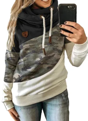 Akivide Women's Casual Cowl Neck Pullover Hoodie Color Block Graphic Long Sleeve Drawstring Hooded Sweatshirt Tops