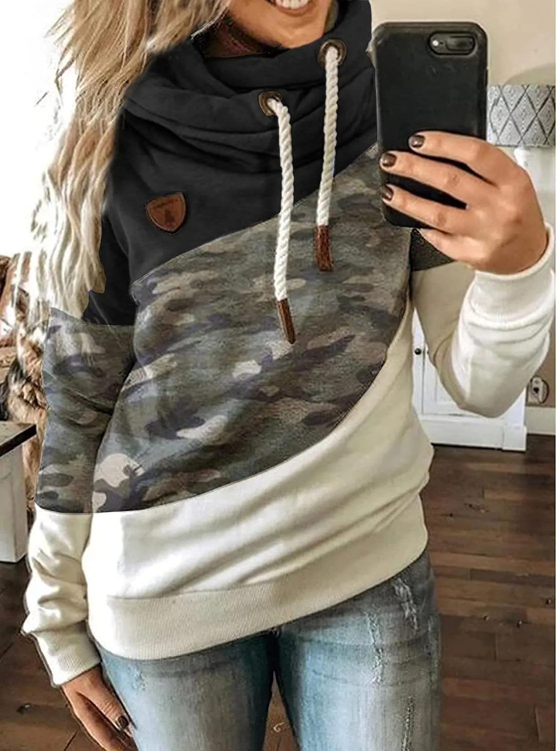 Akivide Women's Casual Cowl Neck Pullover Hoodie Color Block Graphic Long Sleeve Drawstring Hooded Sweatshirt Tops