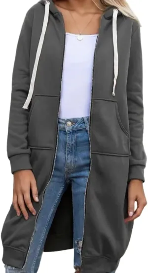 Akivide Women's Fall Oversized Zip Up Long Hoodie with Pockets Winter Casual Loose Knee Length Solid Hooded Sweatshirt Coat