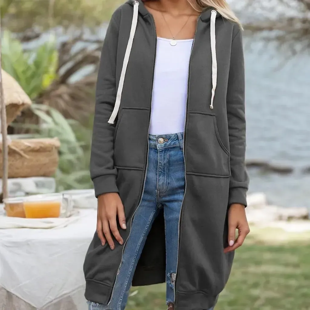 Akivide Women's Fall Oversized Zip Up Long Hoodie with Pockets Winter Casual Loose Knee Length Solid Hooded Sweatshirt Coat