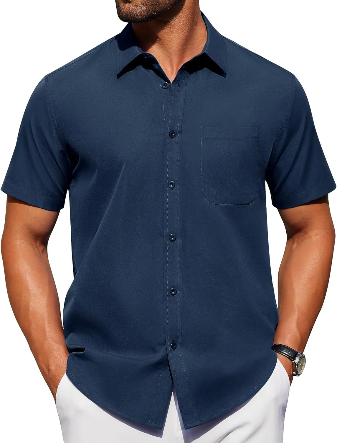 Alimens & Gentle Mens Short Sleeve Dress Shirt Wrinkle Free Solid Casual Button Down Shirts for Summer Business Wedding