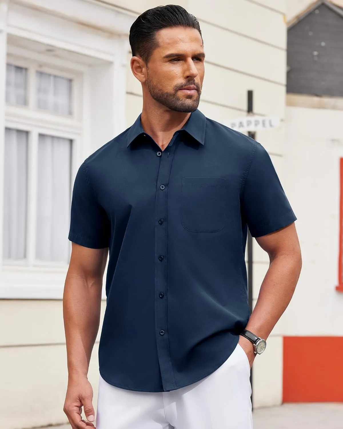 Alimens & Gentle Mens Short Sleeve Dress Shirt Wrinkle Free Solid Casual Button Down Shirts for Summer Business Wedding