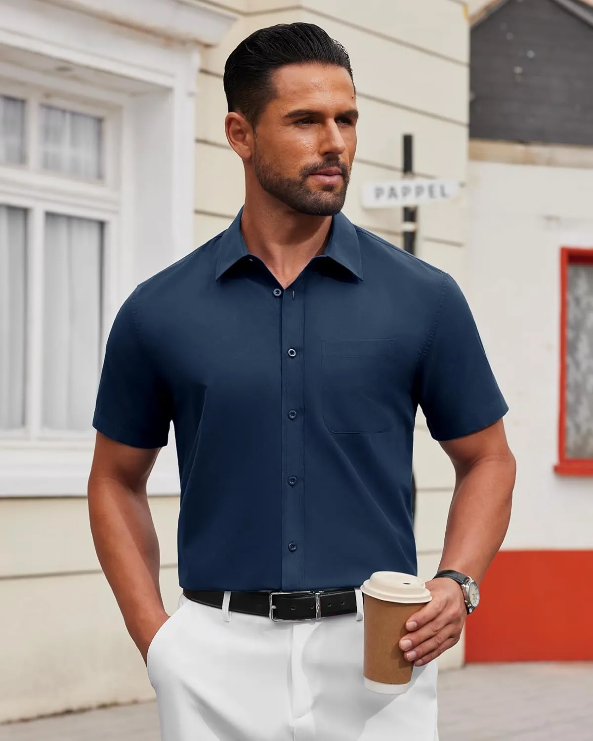 Alimens & Gentle Mens Short Sleeve Dress Shirt Wrinkle Free Solid Casual Button Down Shirts for Summer Business Wedding