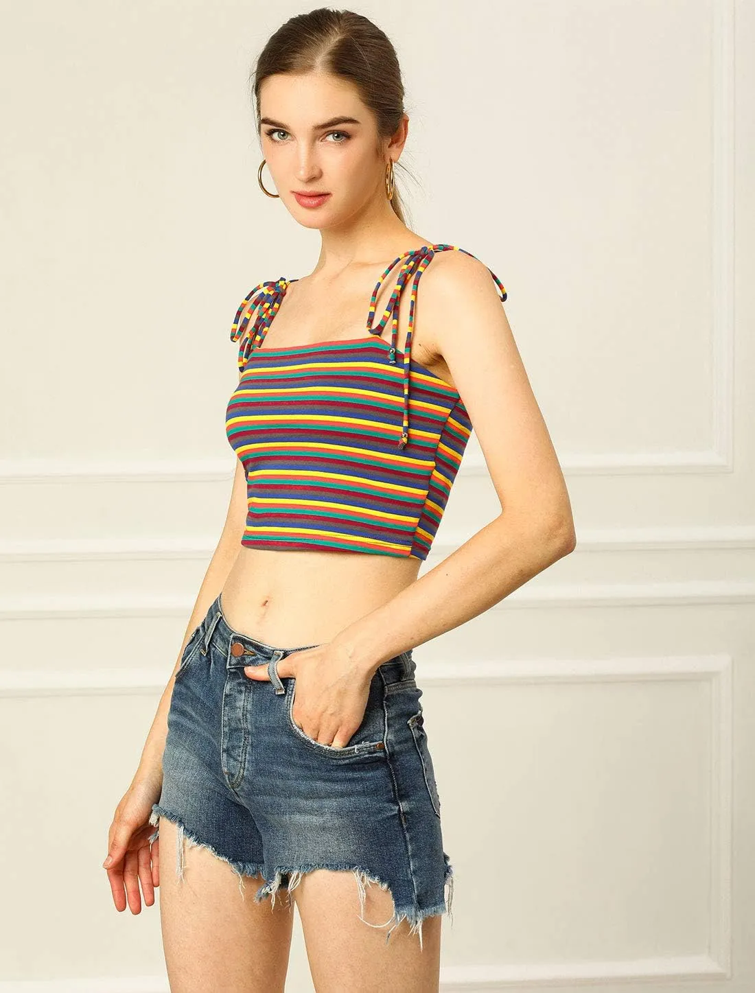 Allegra K Women's Cami Tube Top Tie Spaghetti Straps Sleeveless Summer Crop Tops