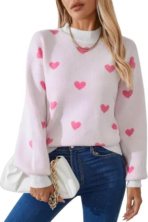 Alsol Lamesa Women's 2025 Fall Winter Mock Neck Long Sleeve Striped Color Block Cute Heart Ribbed Knit Pullover Sweaters