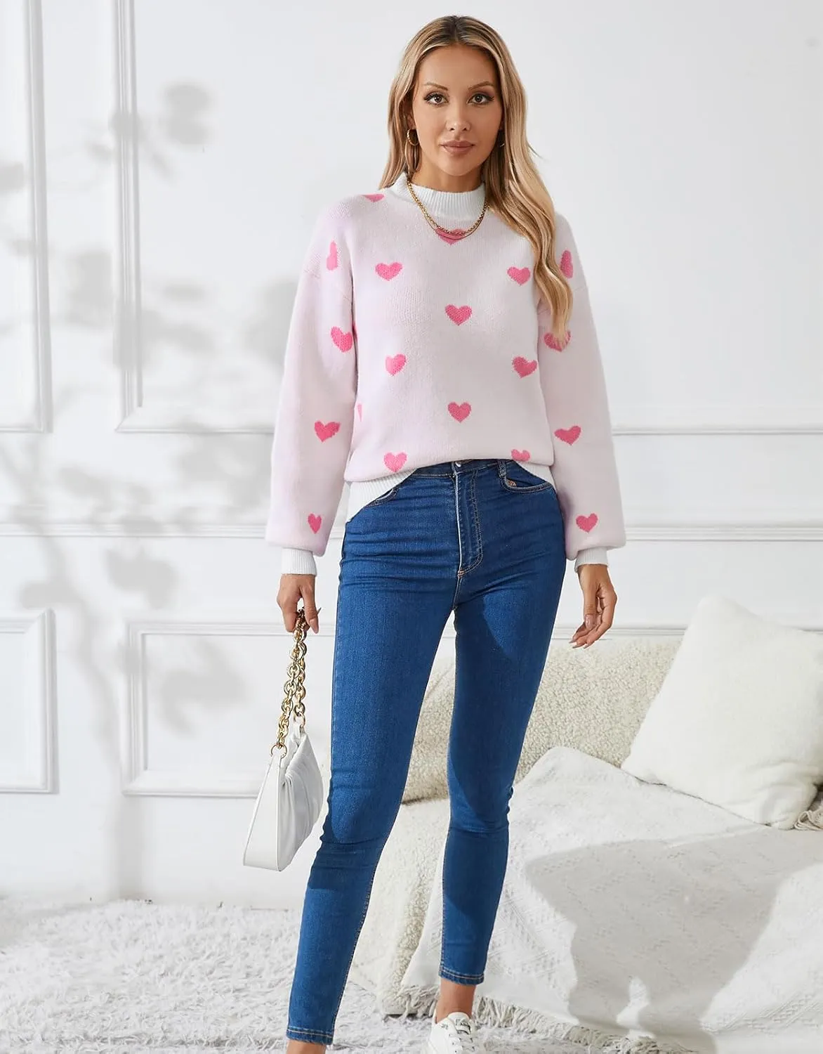 Alsol Lamesa Women's 2025 Fall Winter Mock Neck Long Sleeve Striped Color Block Cute Heart Ribbed Knit Pullover Sweaters