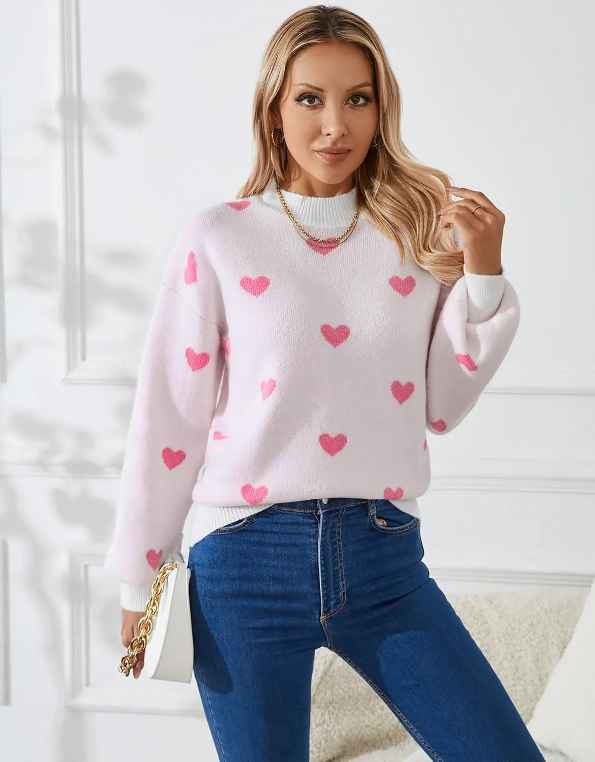 Alsol Lamesa Women's 2025 Fall Winter Mock Neck Long Sleeve Striped Color Block Cute Heart Ribbed Knit Pullover Sweaters