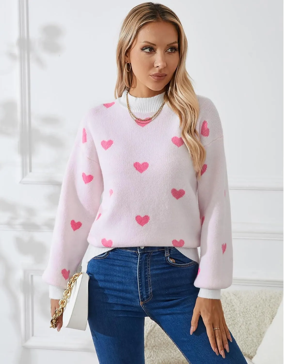 Alsol Lamesa Women's 2025 Fall Winter Mock Neck Long Sleeve Striped Color Block Cute Heart Ribbed Knit Pullover Sweaters