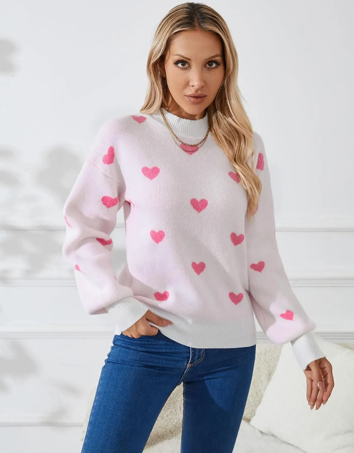 Alsol Lamesa Women's 2025 Fall Winter Mock Neck Long Sleeve Striped Color Block Cute Heart Ribbed Knit Pullover Sweaters
