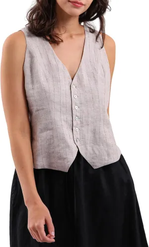Amazhiyu Womens Pure Linen Sleeveless Button Down Crop Top V Neck Waistcoat Vest