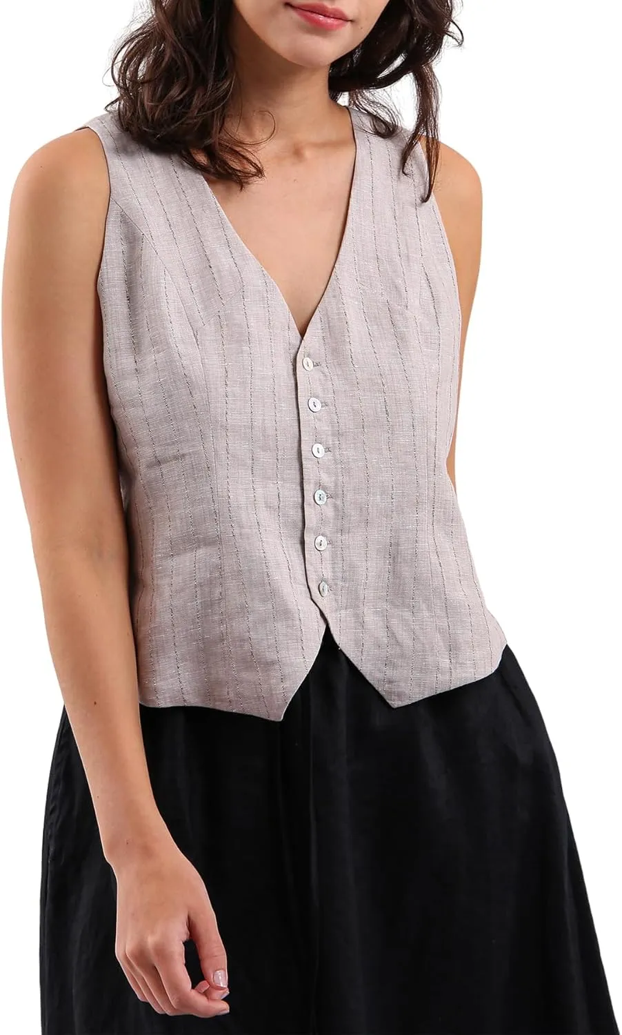 Amazhiyu Womens Pure Linen Sleeveless Button Down Crop Top V Neck Waistcoat Vest