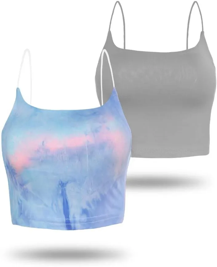 Amilia Women's Basic Solid Cami Spaghetti Double Layer Crop Tank Top