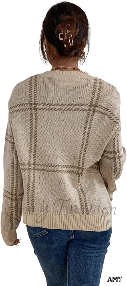 Amy Fashion - Women's Plaid Long Sleeve Crewneck Pullover Top Sweater