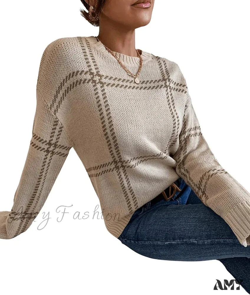 Amy Fashion - Women's Plaid Long Sleeve Crewneck Pullover Top Sweater