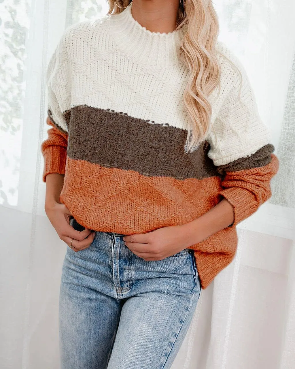 ANCAPELION Womens Casual Sweater Pullover Winter Cozy Long Sleeve Turtleneck Jumpers Color Block Knit Pullover Top Loose Fit