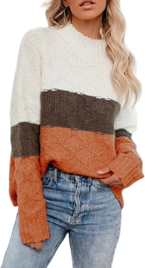 ANCAPELION Womens Casual Sweater Pullover Winter Cozy Long Sleeve Turtleneck Jumpers Color Block Knit Pullover Top Loose Fit