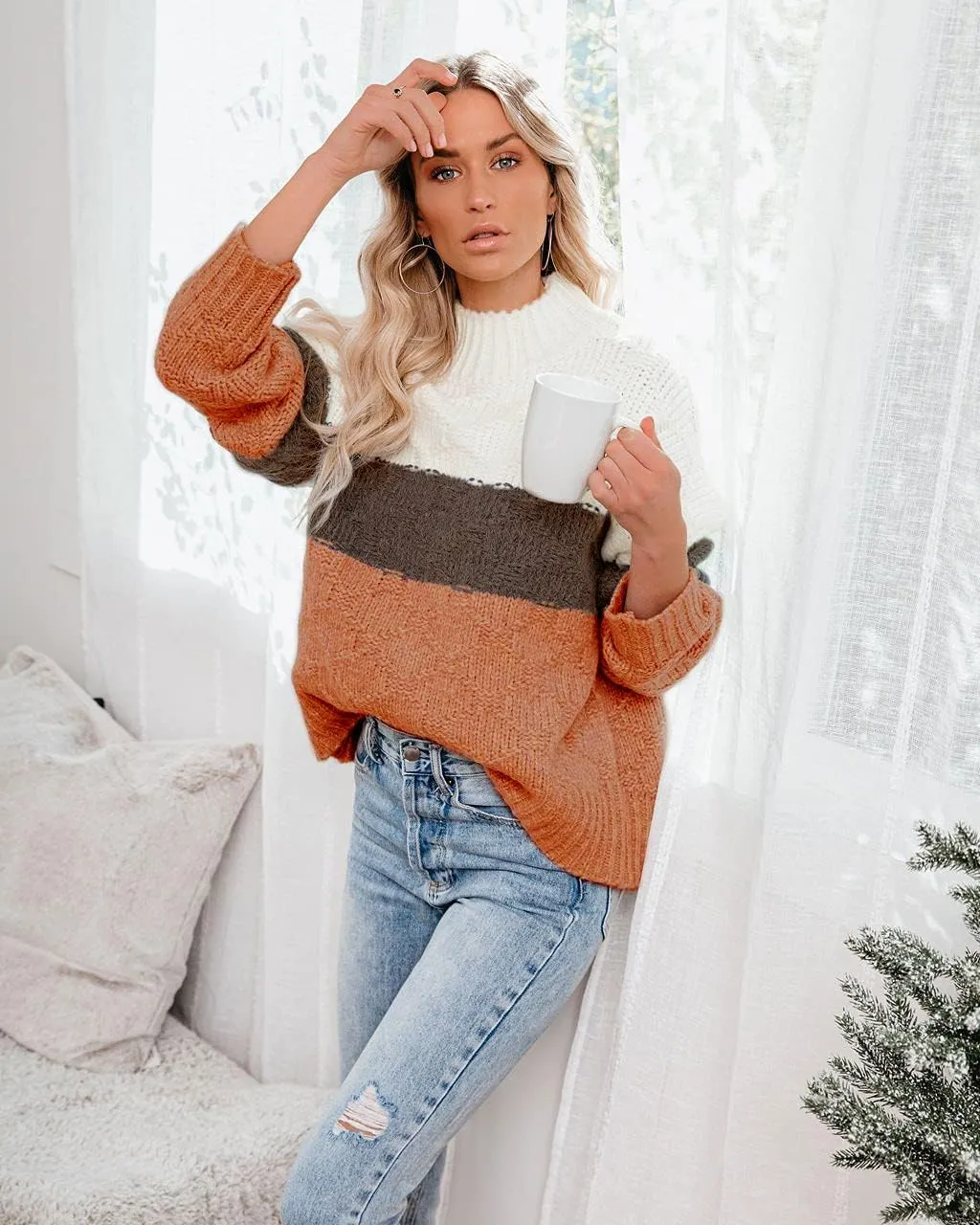 ANCAPELION Womens Casual Sweater Pullover Winter Cozy Long Sleeve Turtleneck Jumpers Color Block Knit Pullover Top Loose Fit