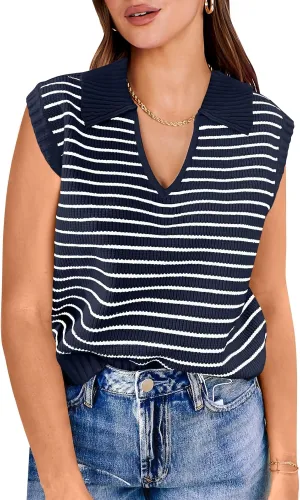 ANRABESS Women Summer Tank Tops Striped Sleeveless Polo V Neck Knit Sweater Vest Shirts 2025 Trendy Cute Outfits
