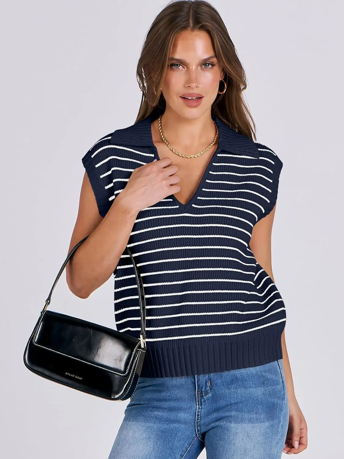ANRABESS Women Summer Tank Tops Striped Sleeveless Polo V Neck Knit Sweater Vest Shirts 2025 Trendy Cute Outfits