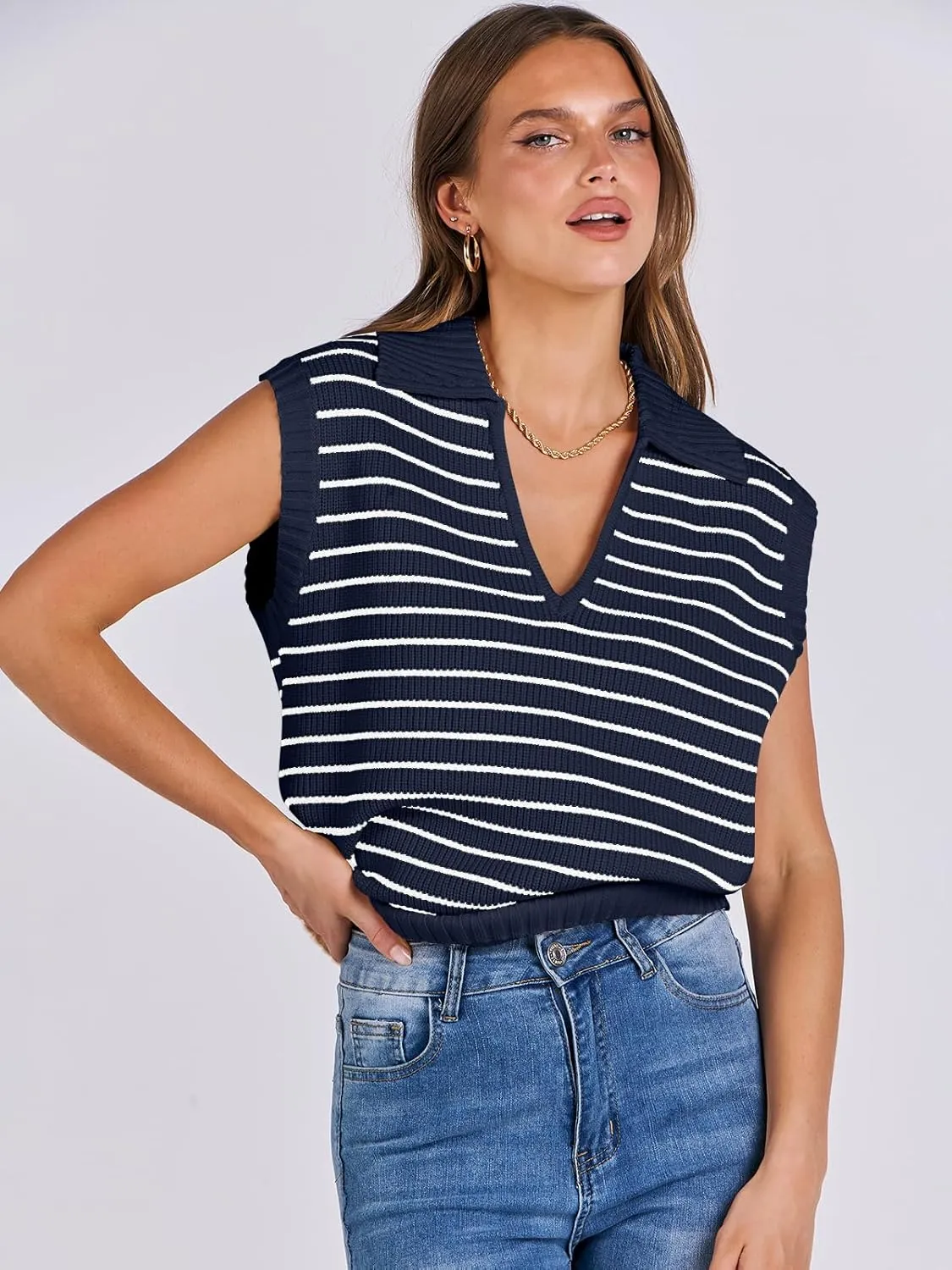 ANRABESS Women Summer Tank Tops Striped Sleeveless Polo V Neck Knit Sweater Vest Shirts 2025 Trendy Cute Outfits