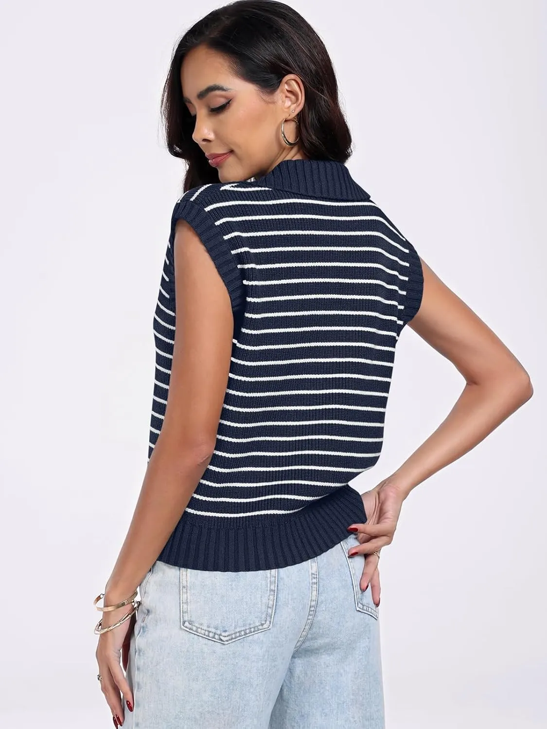 ANRABESS Women Summer Tank Tops Striped Sleeveless Polo V Neck Knit Sweater Vest Shirts 2025 Trendy Cute Outfits