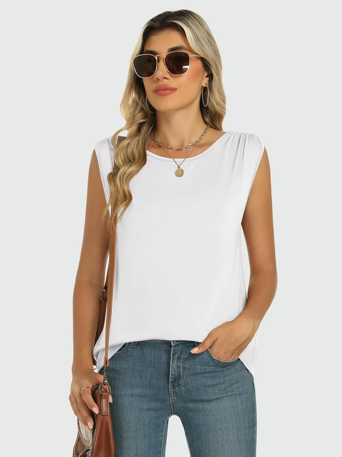 ANRABESS Womens Tank Top Crew Neck Ruched Sleeveless Basic Tanks Casual Summer Tops