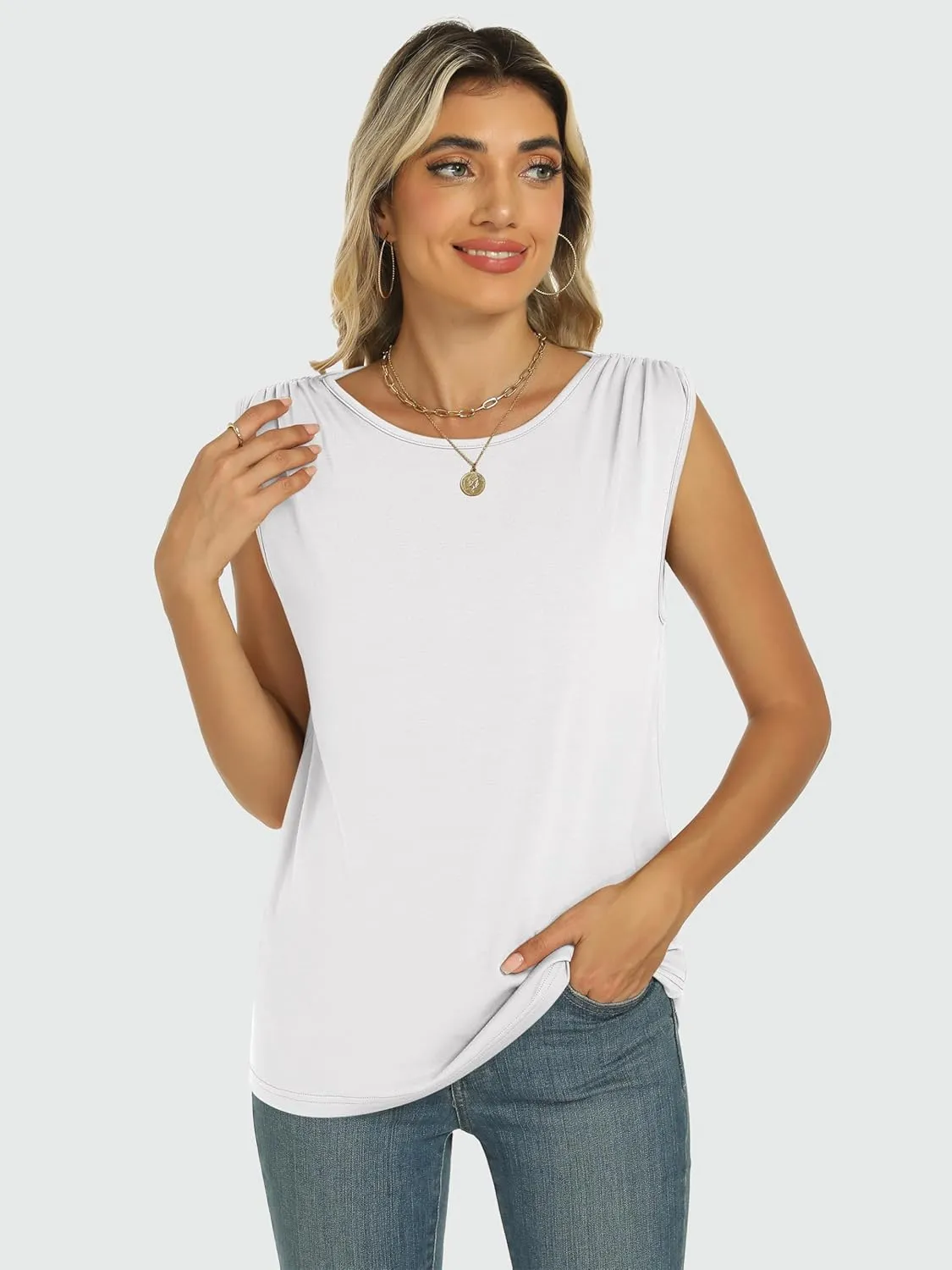 ANRABESS Womens Tank Top Crew Neck Ruched Sleeveless Basic Tanks Casual Summer Tops