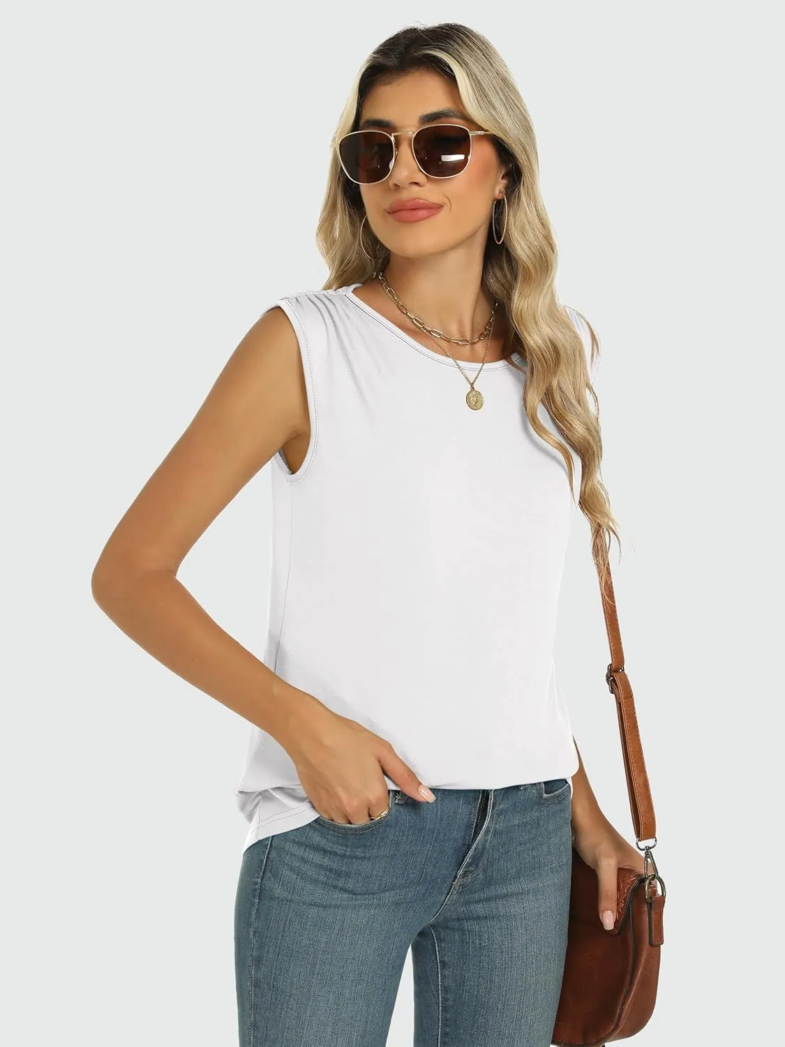 ANRABESS Womens Tank Top Crew Neck Ruched Sleeveless Basic Tanks Casual Summer Tops