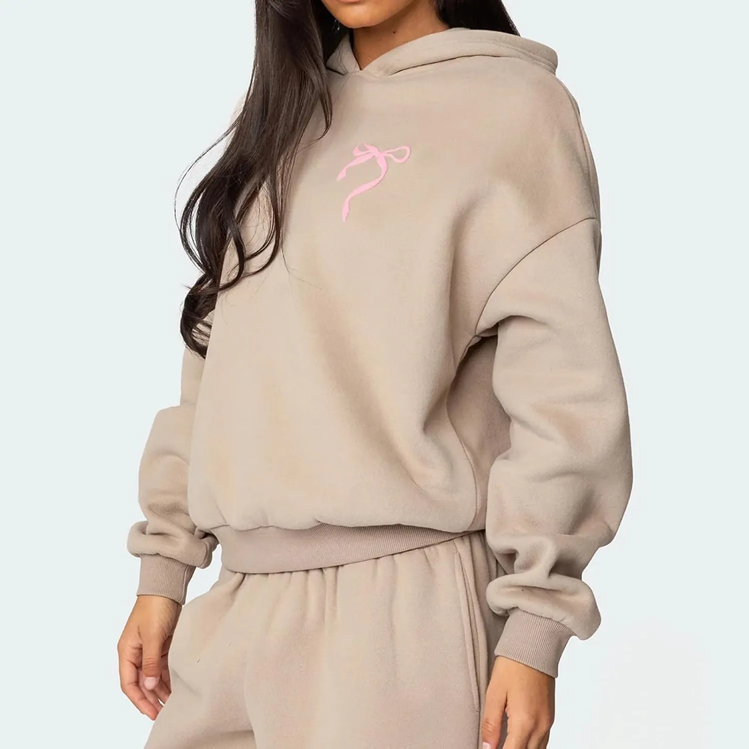 Aonoapll Bow Hoodie Sweatsuit Set for Women Oversized Hooded Sweatshirt Sweatpants Bow Print Matching 2 Piece Sweat Sets