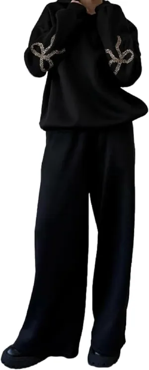 Aonoapll Bow Hoodie Sweatsuit Set for Women Oversized Hooded Sweatshirt Sweatpants Bow Print Matching 2 Piece Sweat Sets