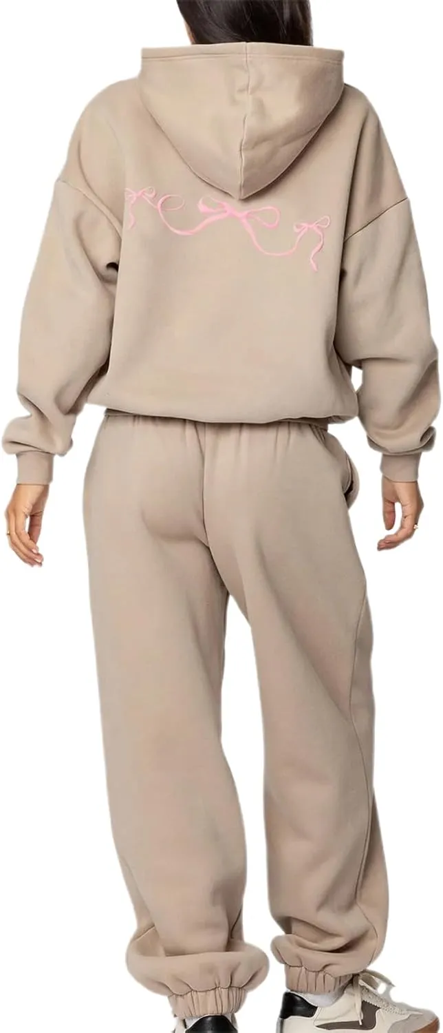 Aonoapll Bow Hoodie Sweatsuit Set for Women Oversized Hooded Sweatshirt Sweatpants Bow Print Matching 2 Piece Sweat Sets