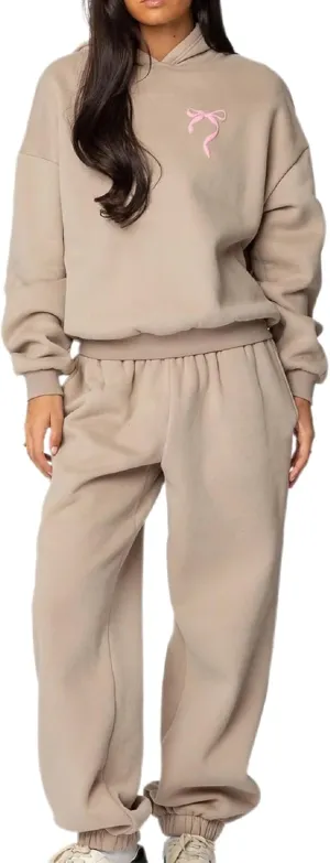 Aonoapll Bow Hoodie Sweatsuit Set for Women Oversized Hooded Sweatshirt Sweatpants Bow Print Matching 2 Piece Sweat Sets