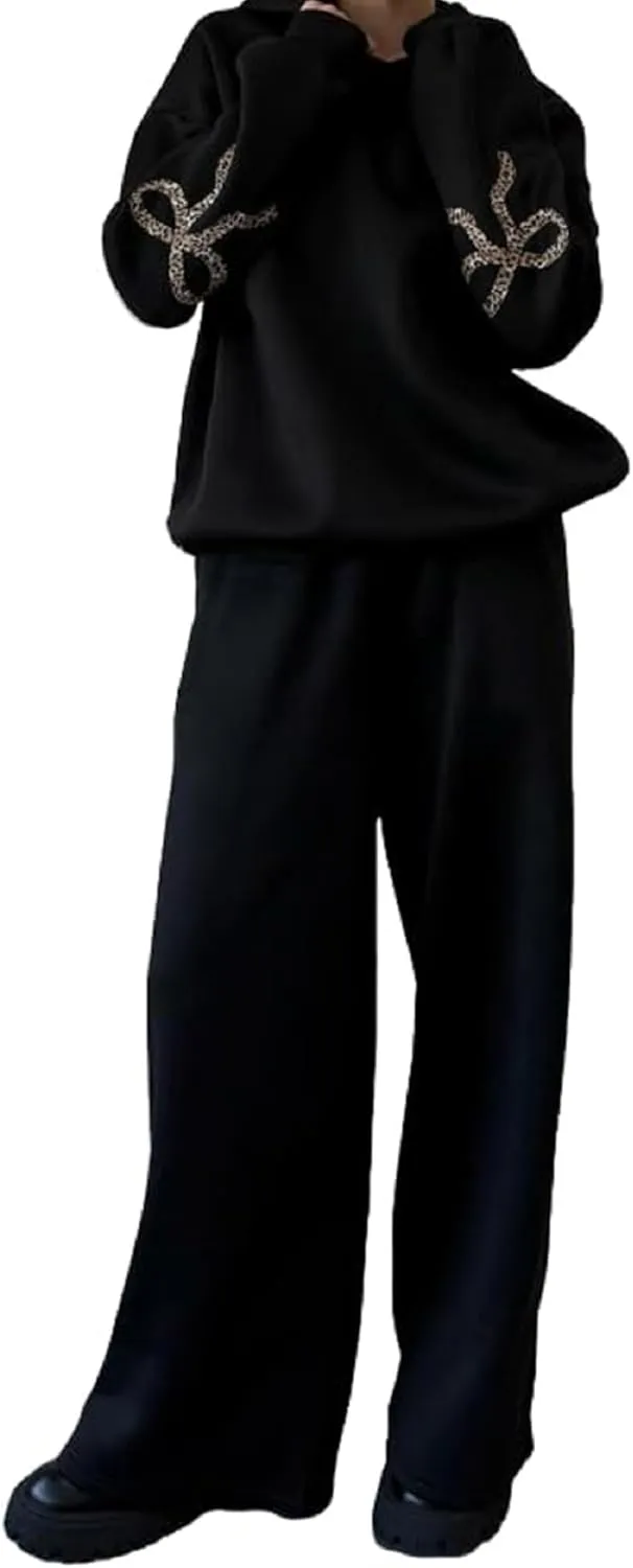 Aonoapll Bow Hoodie Sweatsuit Set for Women Oversized Hooded Sweatshirt Sweatpants Bow Print Matching 2 Piece Sweat Sets