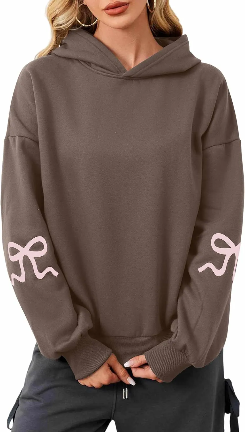 Aopwsrlyi Women's Cute Bow Hoodie Oversized Long Sleeve Fleece Hooded Sweatshirt Trendy Drop Shoulder Pullover Tops