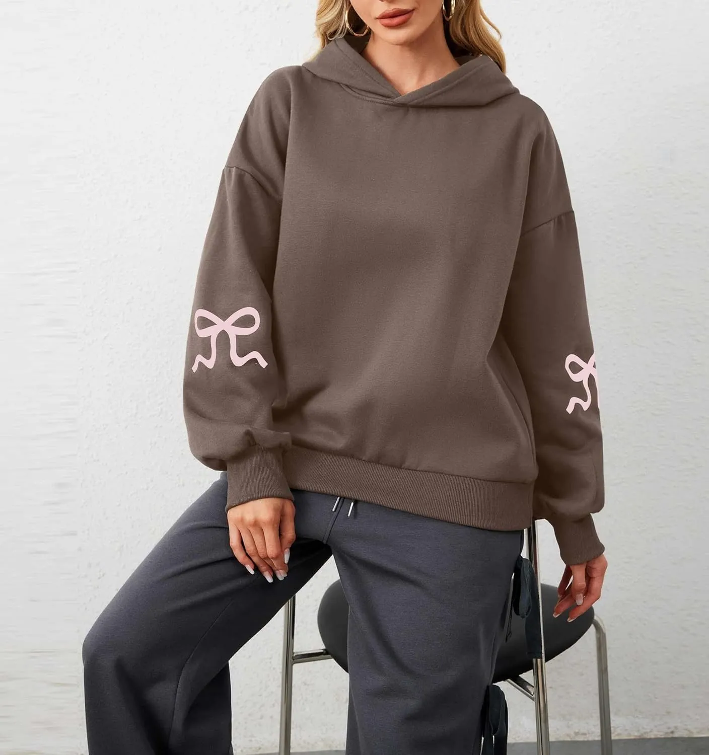 Aopwsrlyi Women's Cute Bow Hoodie Oversized Long Sleeve Fleece Hooded Sweatshirt Trendy Drop Shoulder Pullover Tops