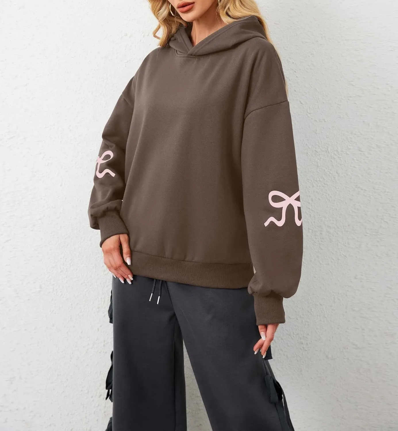 Aopwsrlyi Women's Cute Bow Hoodie Oversized Long Sleeve Fleece Hooded Sweatshirt Trendy Drop Shoulder Pullover Tops