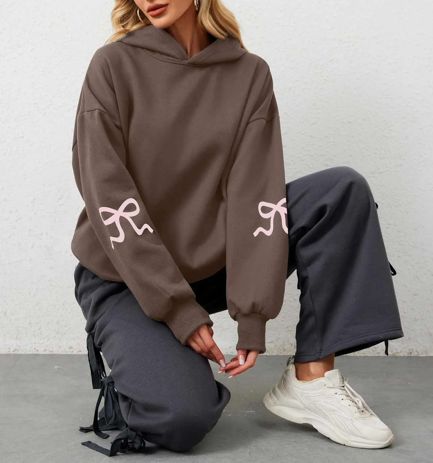 Aopwsrlyi Women's Cute Bow Hoodie Oversized Long Sleeve Fleece Hooded Sweatshirt Trendy Drop Shoulder Pullover Tops