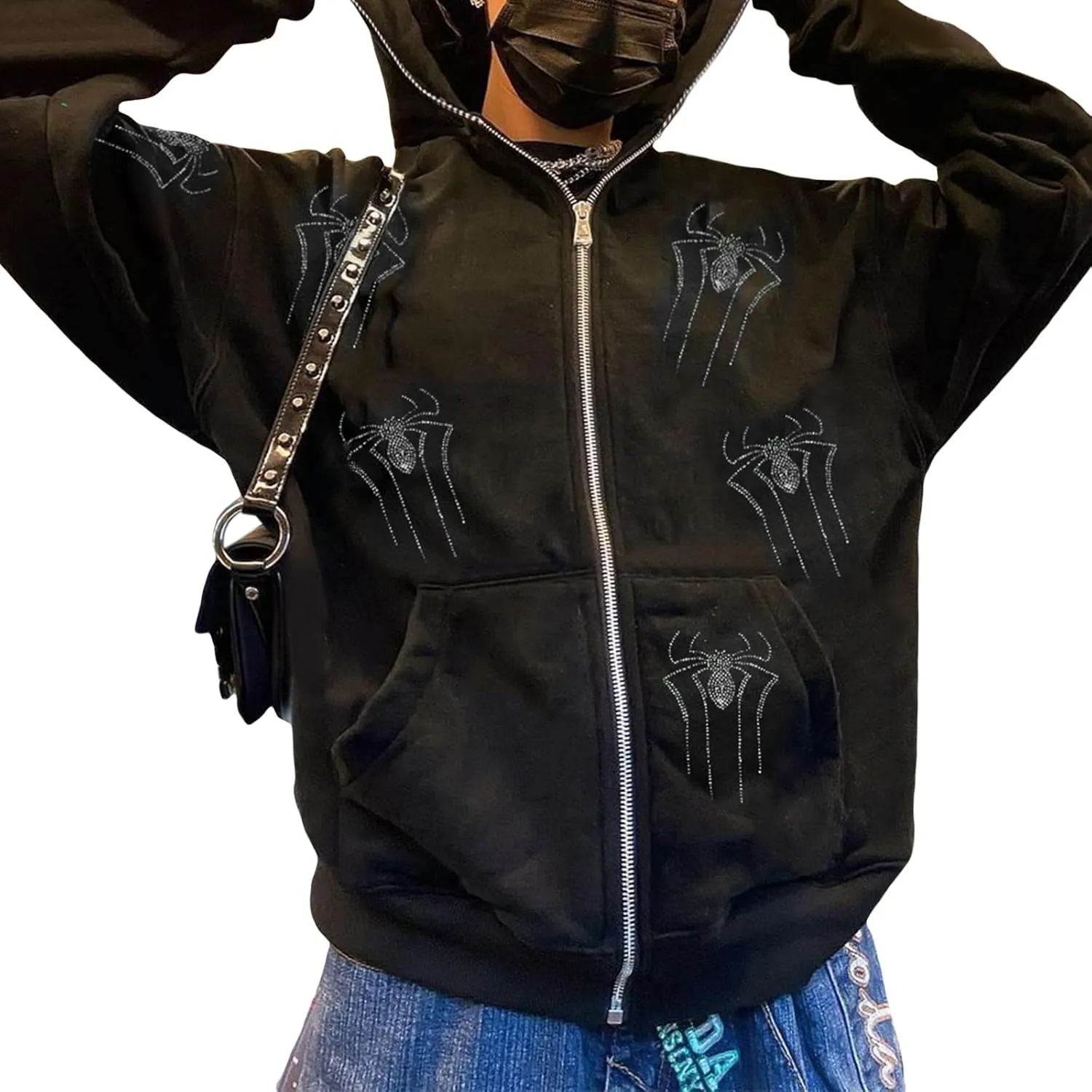 Aopwsrlyi Women's Y2K Zip Up Hoodies Gothic Vintage Graphic Print Sweatshirt Oversized Long Sleeve Casual Jackets Streetwear