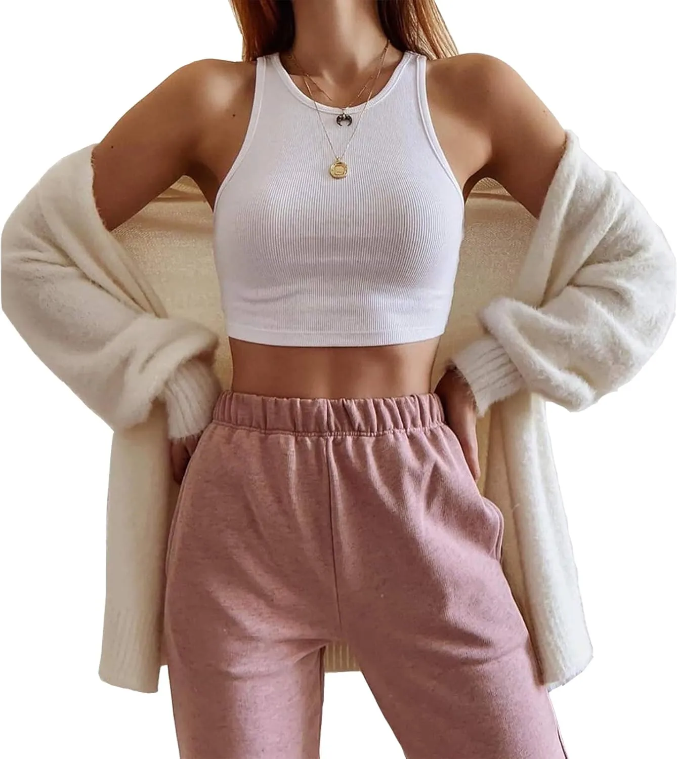 Artfish Women Casual Basic Sleeveless High Neck Rib-Knit Y2k Crop Tank Top