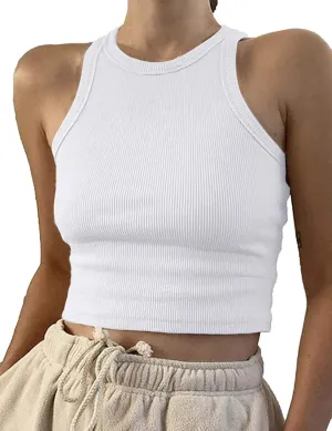 Artfish Women Casual Basic Sleeveless High Neck Rib-Knit Y2k Crop Tank Top