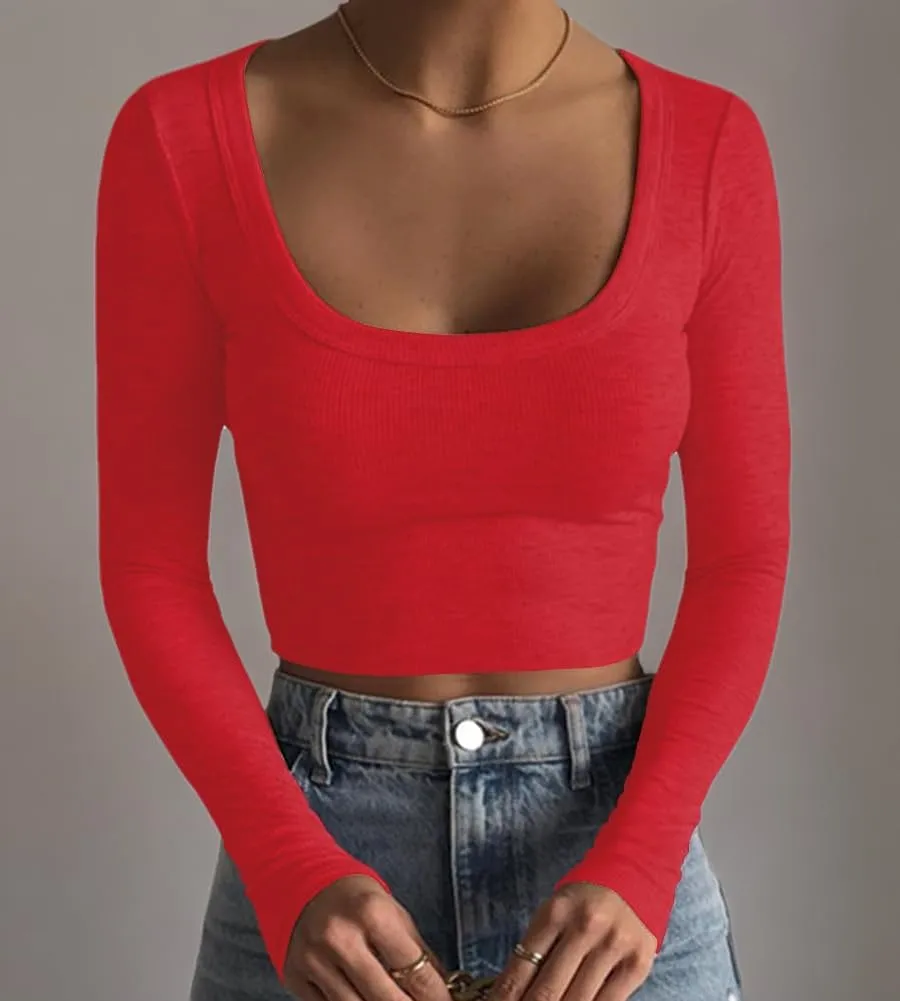 Artfish Women's Square Neck Long Sleeve Ribbed Slim Fitted Casual Basic Crop Top