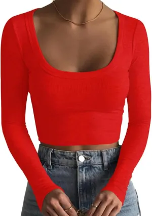 Artfish Women's Square Neck Long Sleeve Ribbed Slim Fitted Casual Basic Crop Top