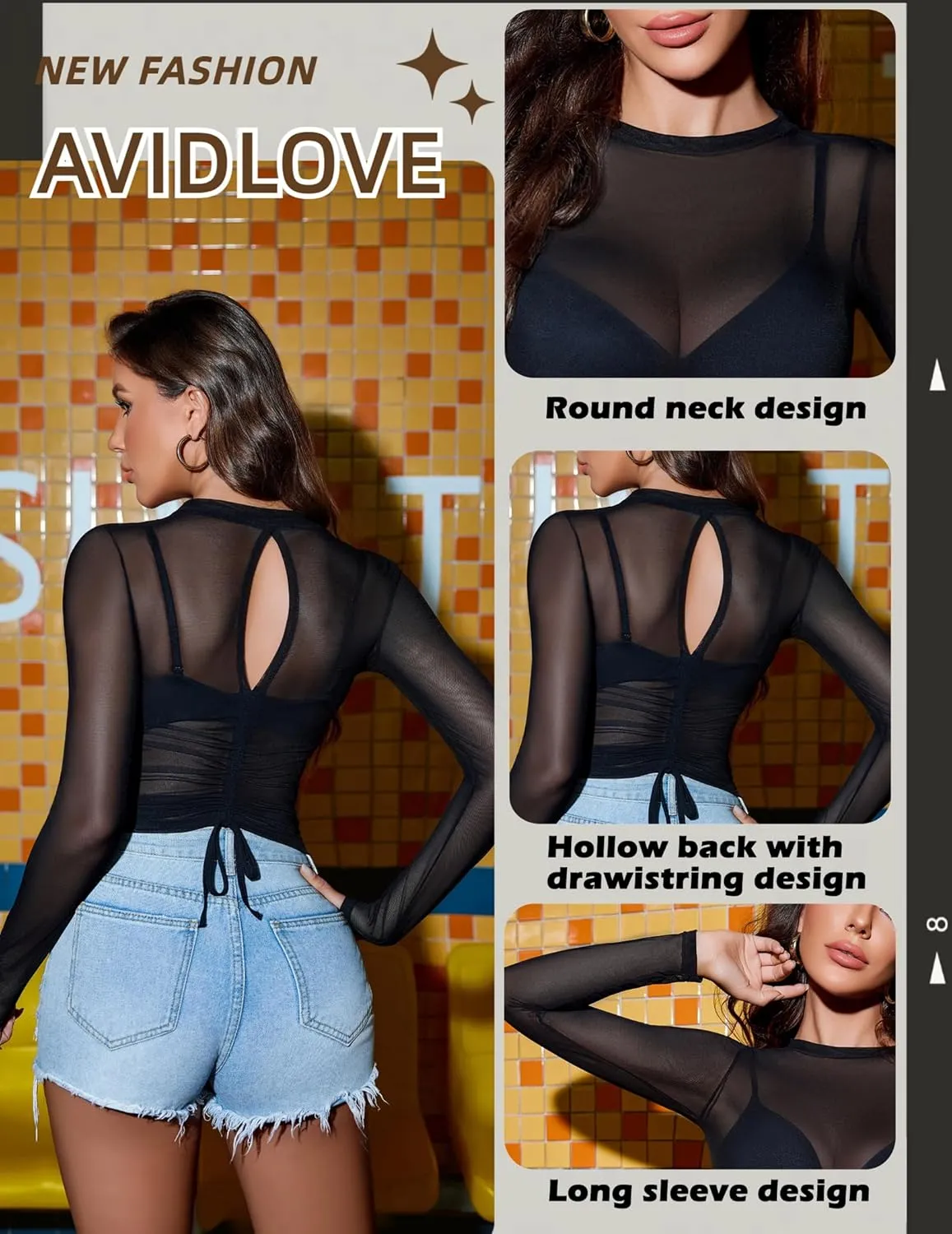 Avidlove Mesh Top for Women Long Sleeve Round Neck Tee Shirt See Through Sheer Blouse Back Hollow Drawstring Slim Fit Shirt