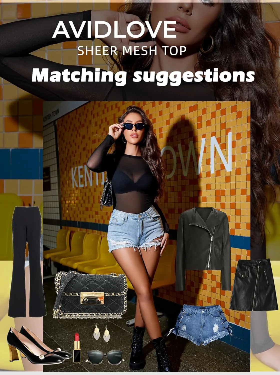 Avidlove Mesh Top for Women Long Sleeve Round Neck Tee Shirt See Through Sheer Blouse Back Hollow Drawstring Slim Fit Shirt